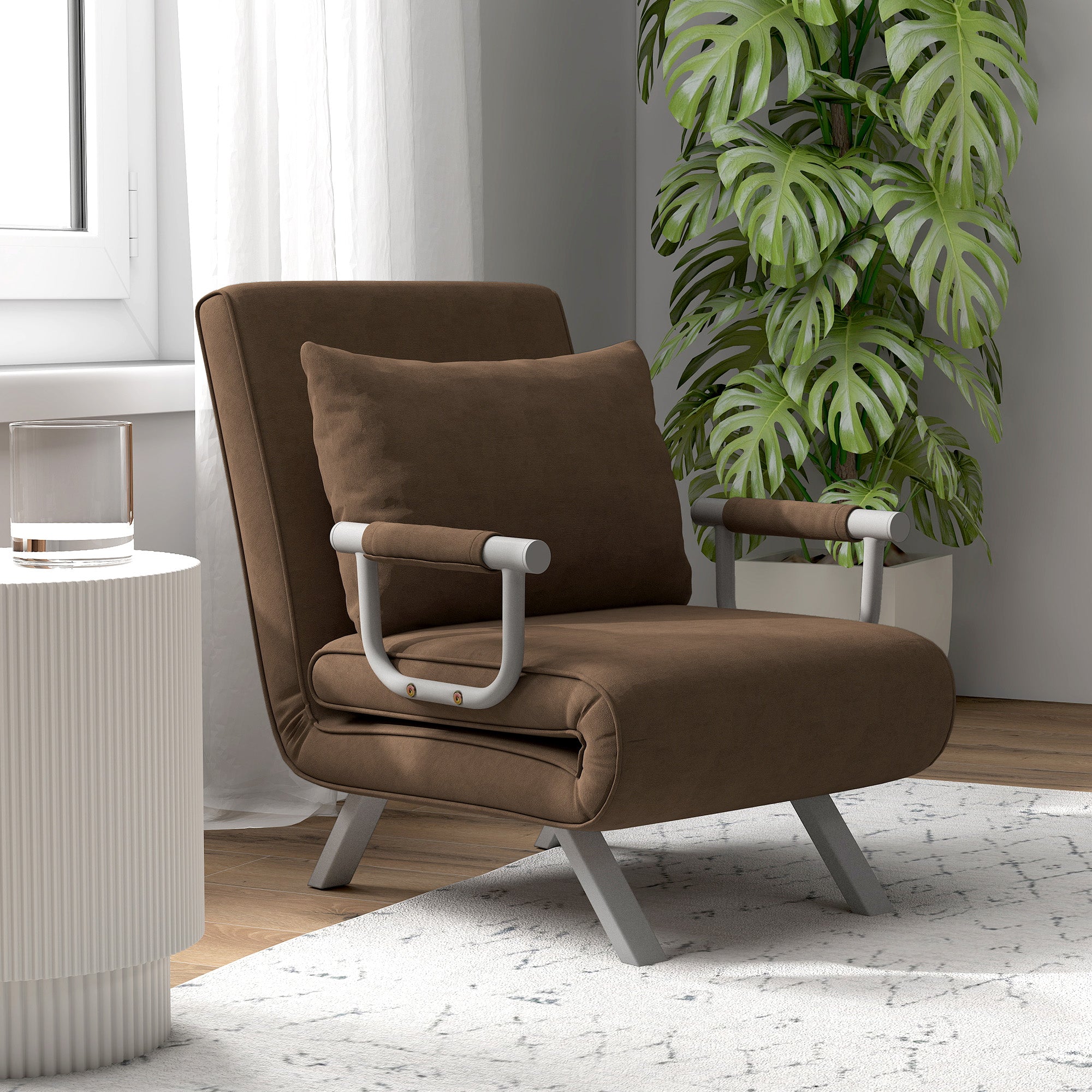 Single Seater Convertible Armchair Sofa Bed Removable Cover Great Comfort Cushion Metal Armrests Suede Brown