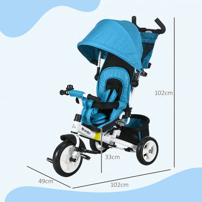 6-in-1 Tricycle with Push Handle, Toddler Tricycle with Removable Sunshade, Cushion, Balance Bike with 5-Point Safety Harness, Basket, Cup Holder, for 1-5 Year Olds, Blue