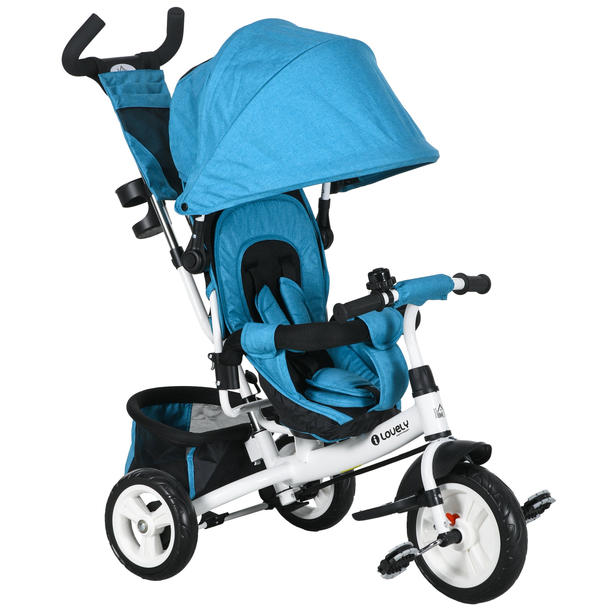 6-in-1 Tricycle with Push Handle, Toddler Tricycle with Removable Sunshade, Cushion, Balance Bike with 5-Point Safety Harness, Basket, Cup Holder, for 1-5 Year Olds, Blue