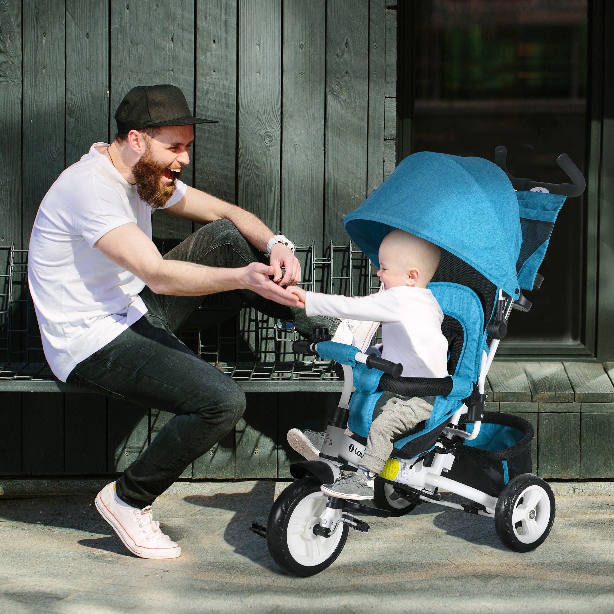 6-in-1 Tricycle with Push Handle, Toddler Tricycle with Removable Sunshade, Cushion, Balance Bike with 5-Point Safety Harness, Basket, Cup Holder, for 1-5 Year Olds, Blue