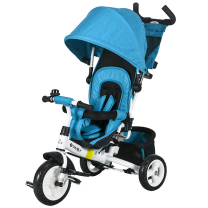6-in-1 Tricycle with Push Handle, Toddler Tricycle with Removable Sunshade, Cushion, Balance Bike with 5-Point Safety Harness, Basket, Cup Holder, for 1-5 Year Olds, Blue