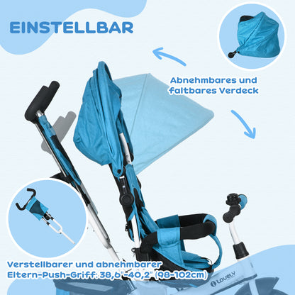 6-in-1 Tricycle with Push Handle, Toddler Tricycle with Removable Sunshade, Cushion, Balance Bike with 5-Point Safety Harness, Basket, Cup Holder, for 1-5 Year Olds, Blue