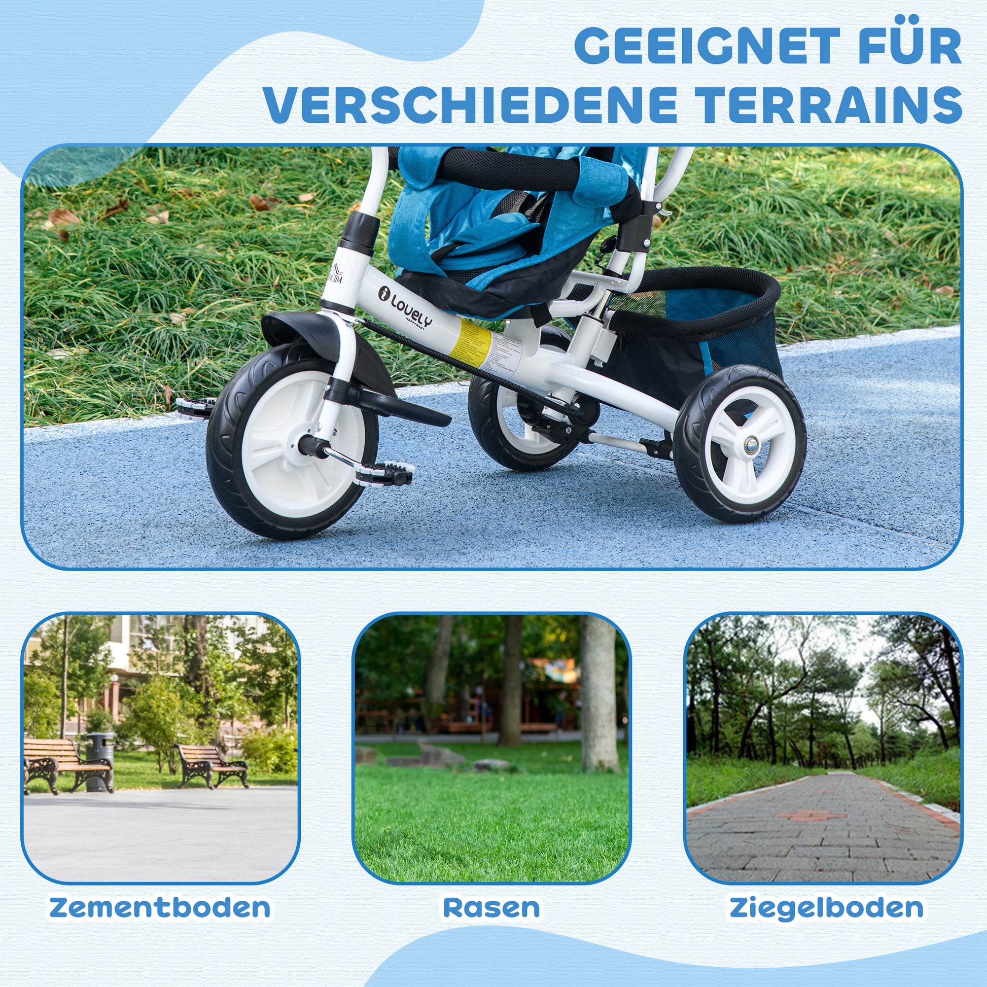 6-in-1 Tricycle with Push Handle, Toddler Tricycle with Removable Sunshade, Cushion, Balance Bike with 5-Point Safety Harness, Basket, Cup Holder, for 1-5 Year Olds, Blue
