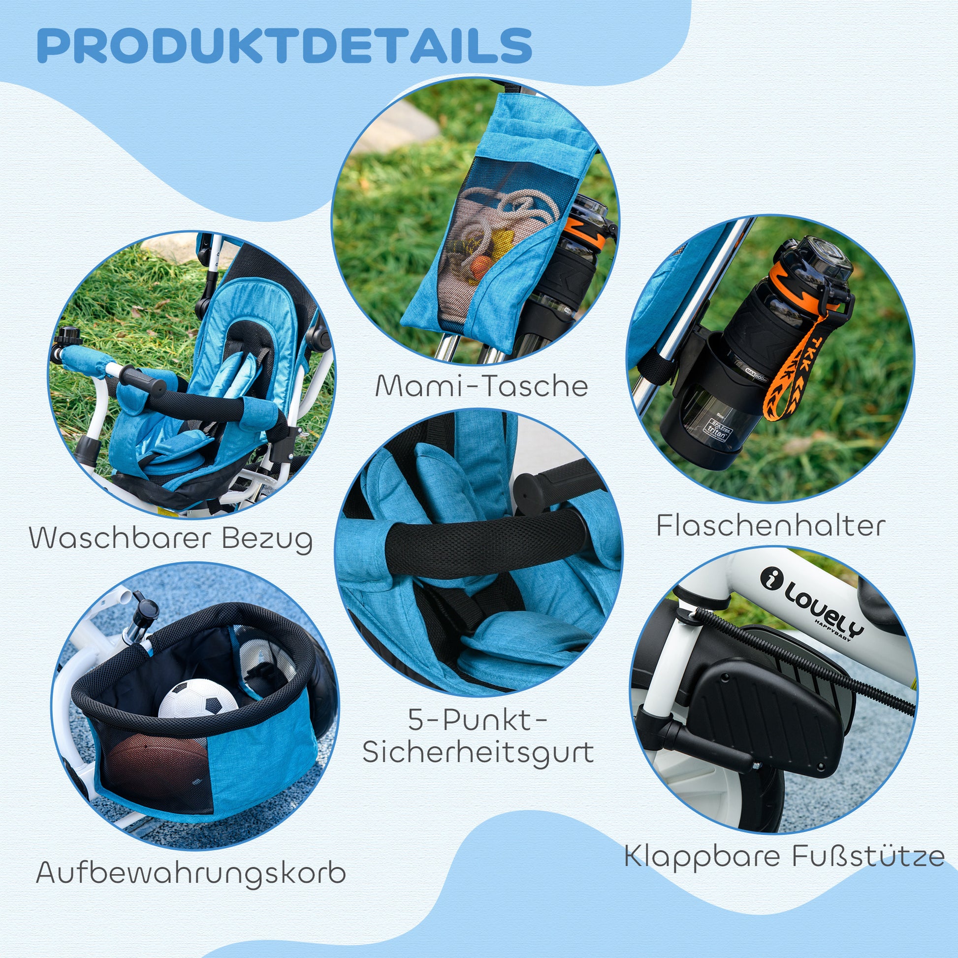 6-in-1 Tricycle with Push Handle, Toddler Tricycle with Removable Sunshade, Cushion, Balance Bike with 5-Point Safety Harness, Basket, Cup Holder, for 1-5 Year Olds, Blue