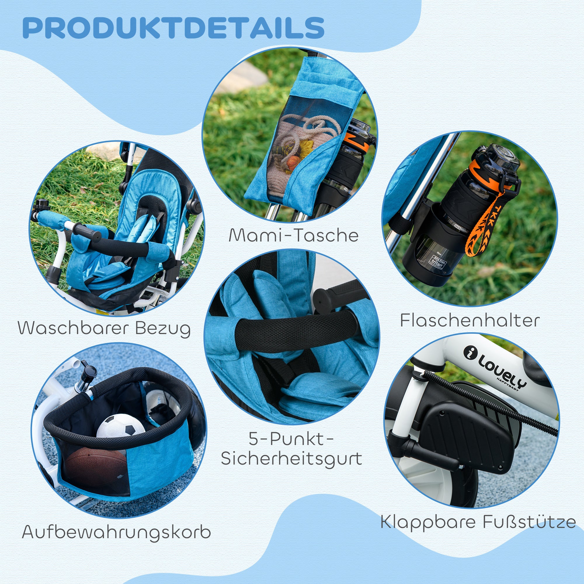6-in-1 Tricycle with Push Handle, Toddler Tricycle with Removable Sunshade, Cushion, Balance Bike with 5-Point Safety Harness, Basket, Cup Holder, for 1-5 Year Olds, Blue