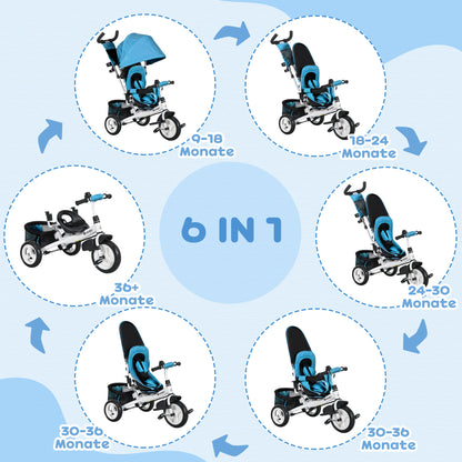 6-in-1 Tricycle with Push Handle, Toddler Tricycle with Removable Sunshade, Cushion, Balance Bike with 5-Point Safety Harness, Basket, Cup Holder, for 1-5 Year Olds, Blue