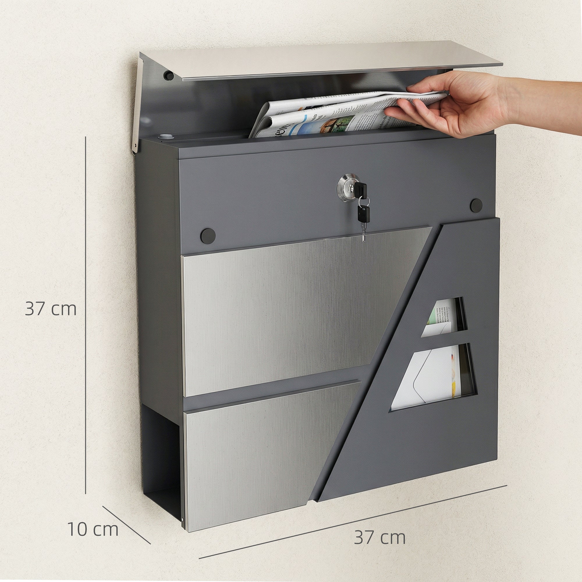 Wall Mailbox, Weatherproof Quiet-Close Outdoor Mailbox with Newspaper Holder and 2 Keys, 14.6 x 3.9 x 14.6 in (37 x 10 x 37 cm), Dark Gray