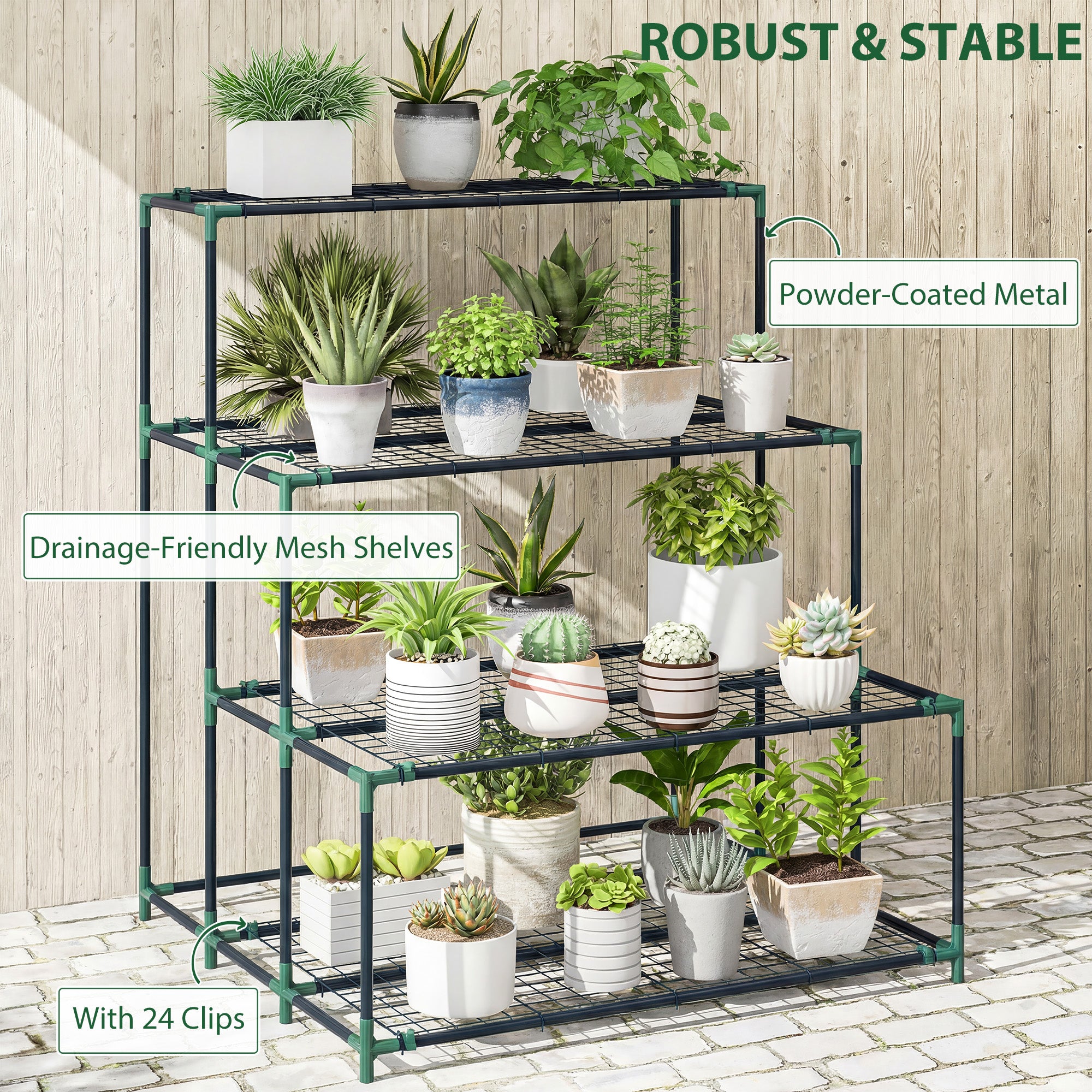 4-Tier Plant Stand, 43.3 in Tall Flower Rack with 24 Clips, Steel Multi-Level Plant Shelf for Garden & Balcony, Dark Green