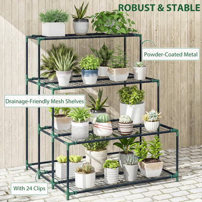4-Tier Plant Stand, 43.3 in Tall Flower Rack with 24 Clips, Steel Multi-Level Plant Shelf for Garden & Balcony, Dark Green