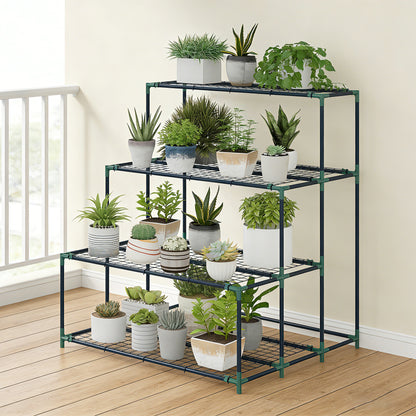 4-Tier Plant Stand, 43.3 in Tall Flower Rack with 24 Clips, Steel Multi-Level Plant Shelf for Garden & Balcony, Dark Green