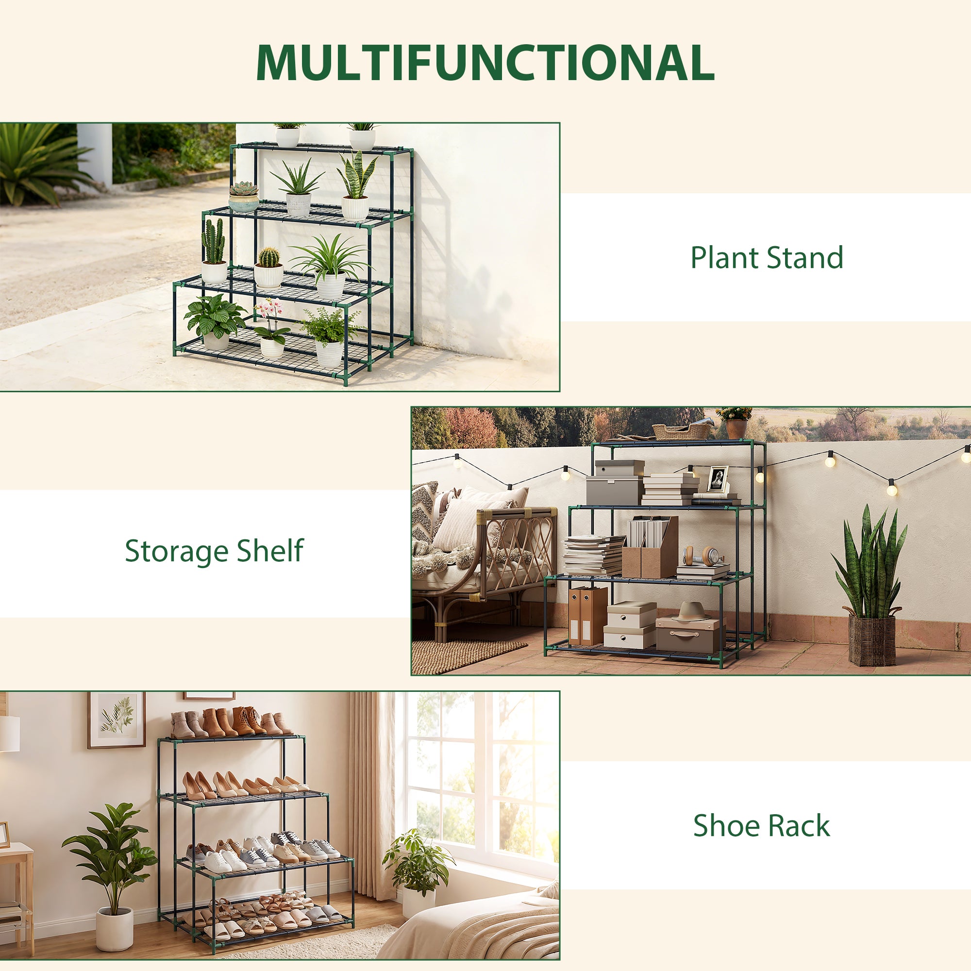 4-Tier Plant Stand, 43.3 in Tall Flower Rack with 24 Clips, Steel Multi-Level Plant Shelf for Garden & Balcony, Dark Green