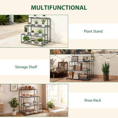 4-Tier Plant Stand, 43.3 in Tall Flower Rack with 24 Clips, Steel Multi-Level Plant Shelf for Garden & Balcony, Dark Green