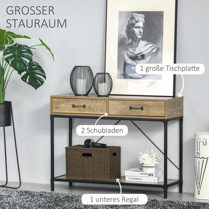 Console Table with Shelf and 2 Drawers, 100 x 35 x 76.5 cm Side Table Coffee Table Display Table for Small Space, Entryway, Hallway, Living Room Brown+Black