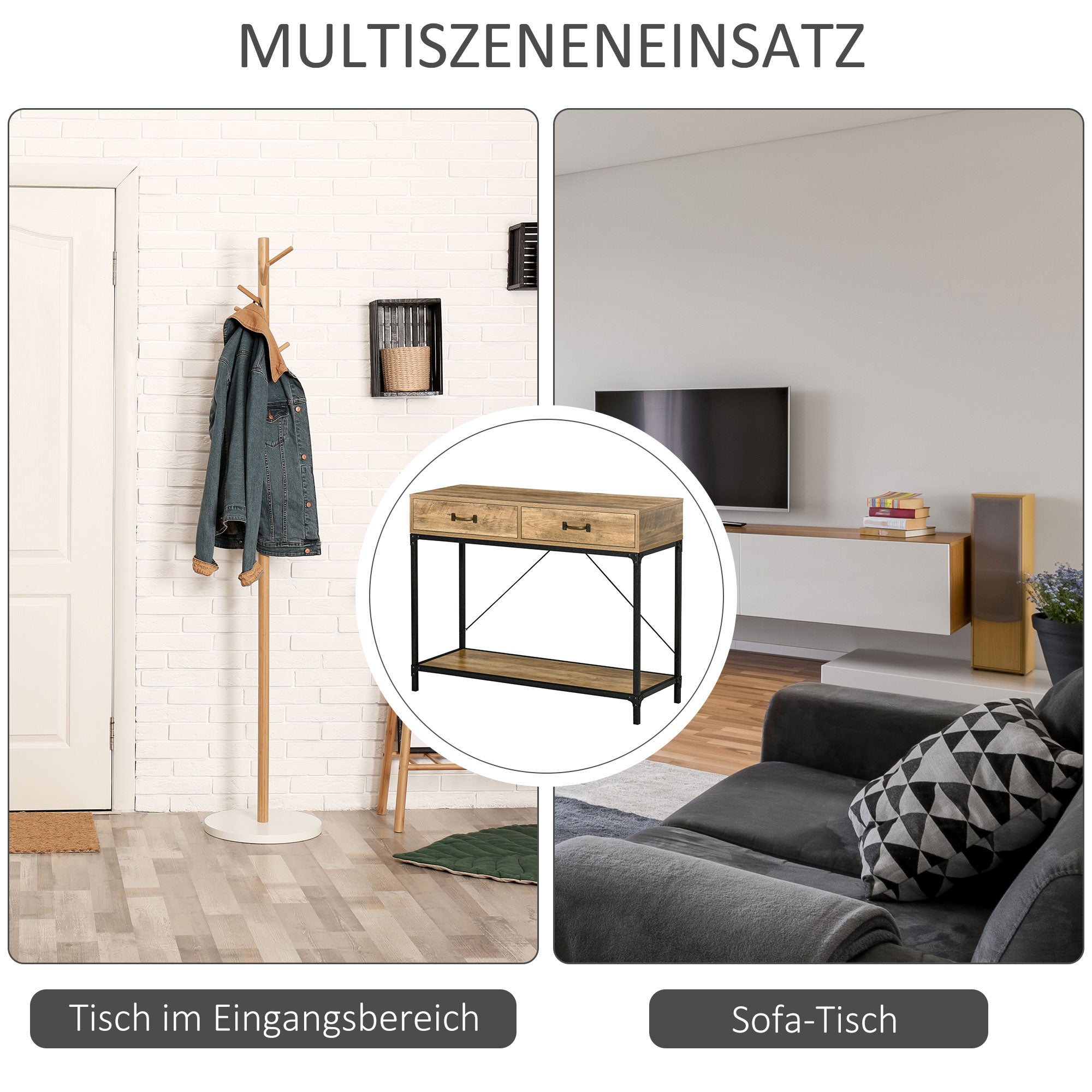 Console Table with Shelf and 2 Drawers, 100 x 35 x 76.5 cm Side Table Coffee Table Display Table for Small Space, Entryway, Hallway, Living Room Brown+Black