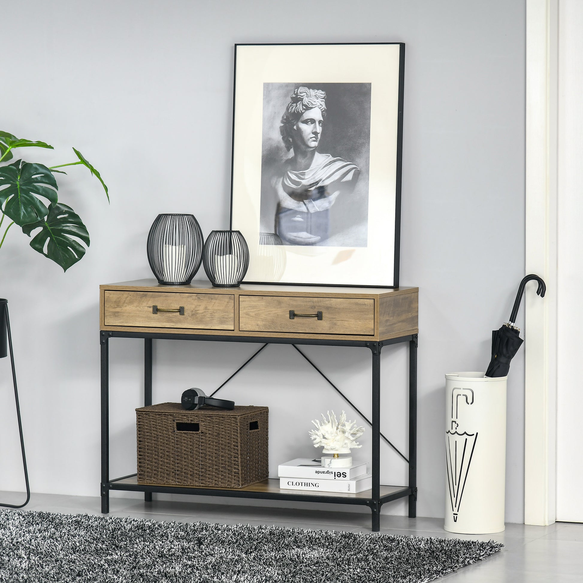 Console Table with Shelf and 2 Drawers, 100 x 35 x 76.5 cm Side Table Coffee Table Display Table for Small Space, Entryway, Hallway, Living Room Brown+Black