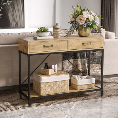 Console Table with Shelf and 2 Drawers, 100 x 35 x 76.5 cm Side Table Coffee Table Display Table for Small Space, Entryway, Hallway, Living Room Brown+Black