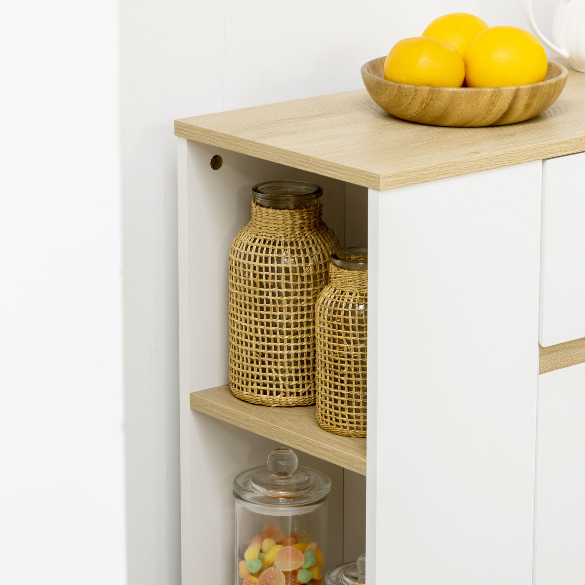White Kitchen Sideboard with 2 Doors Drawer and 3 Open Shelves Storage Cabinet for Living Room Dining Room 110x29.5x82 cm