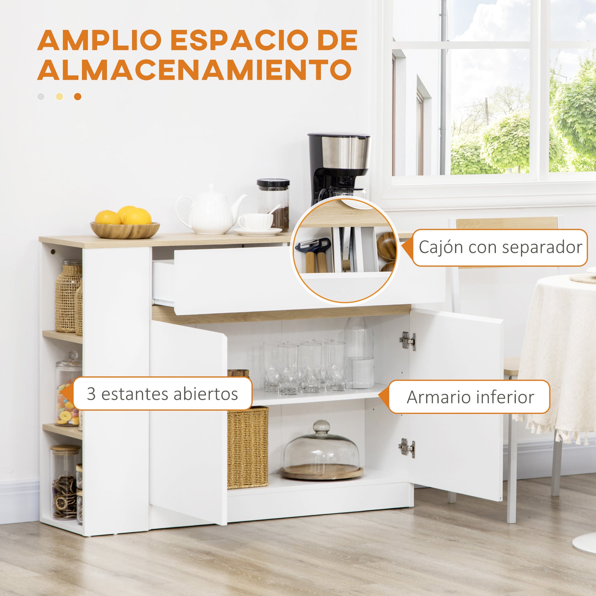 White Kitchen Sideboard with 2 Doors Drawer and 3 Open Shelves Storage Cabinet for Living Room Dining Room 110x29.5x82 cm