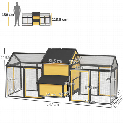 Wooden Chicken Coop, Poultry Coop with Nest Box, Double Run Coop with Tray, Enclosure with Ramp, Chicken House for Chickens, 247 x 125 x 113.5 cm, Yellow