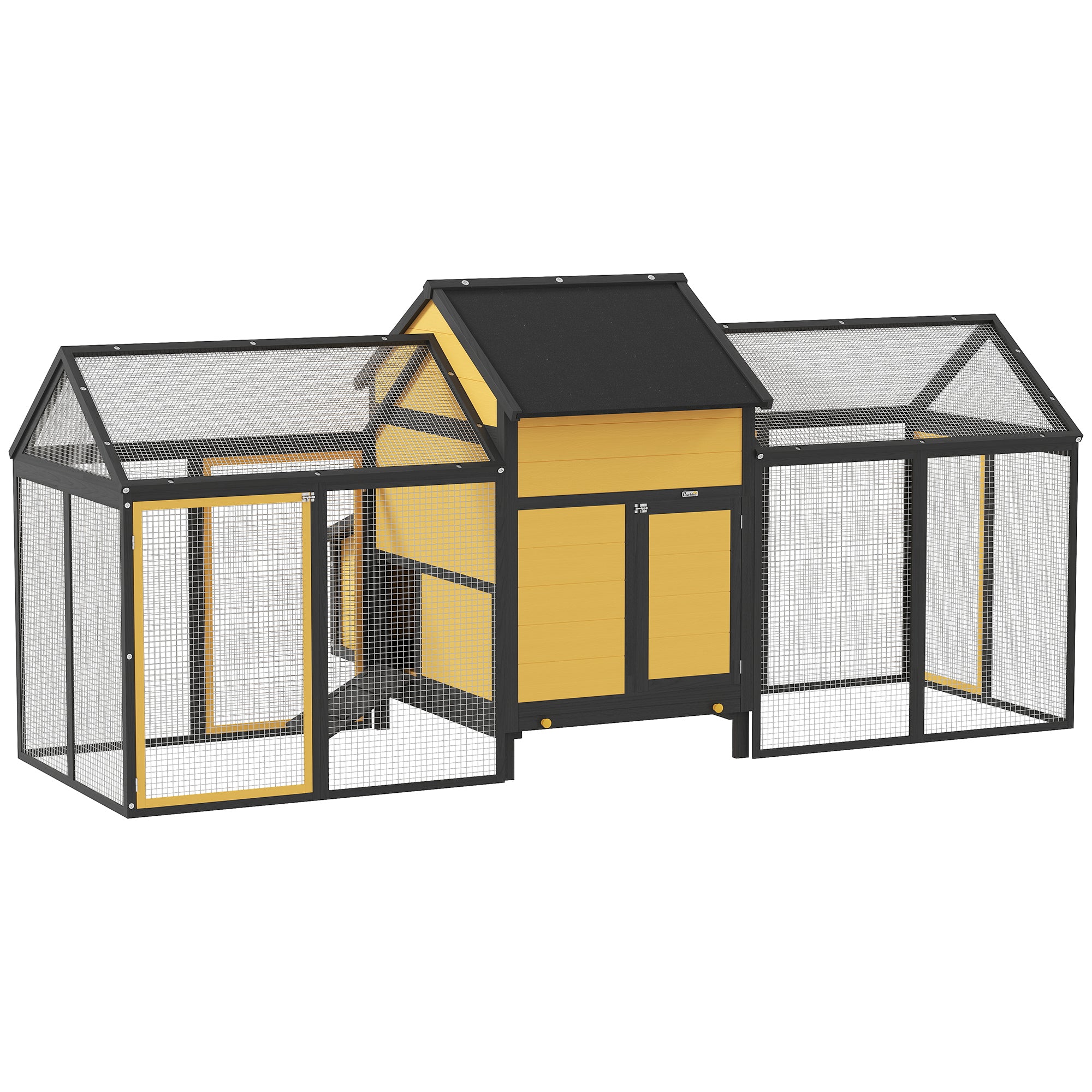 Wooden Chicken Coop, Poultry Coop with Nest Box, Double Run Coop with Tray, Enclosure with Ramp, Chicken House for Chickens, 247 x 125 x 113.5 cm, Yellow