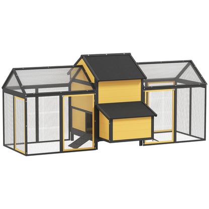 Wooden Chicken Coop, Poultry Coop with Nest Box, Double Run Coop with Tray, Enclosure with Ramp, Chicken House for Chickens, 247 x 125 x 113.5 cm, Yellow