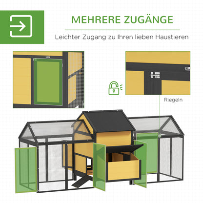 Wooden Chicken Coop, Poultry Coop with Nest Box, Double Run Coop with Tray, Enclosure with Ramp, Chicken House for Chickens, 247 x 125 x 113.5 cm, Yellow