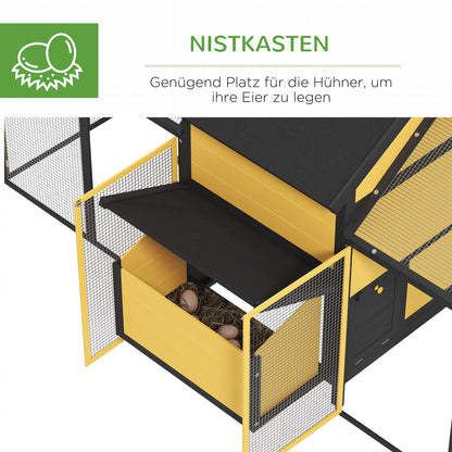 Wooden Chicken Coop, Poultry Coop with Nest Box, Double Run Coop with Tray, Enclosure with Ramp, Chicken House for Chickens, 247 x 125 x 113.5 cm, Yellow