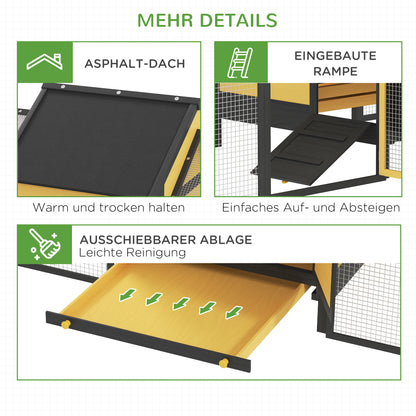 Wooden Chicken Coop, Poultry Coop with Nest Box, Double Run Coop with Tray, Enclosure with Ramp, Chicken House for Chickens, 247 x 125 x 113.5 cm, Yellow