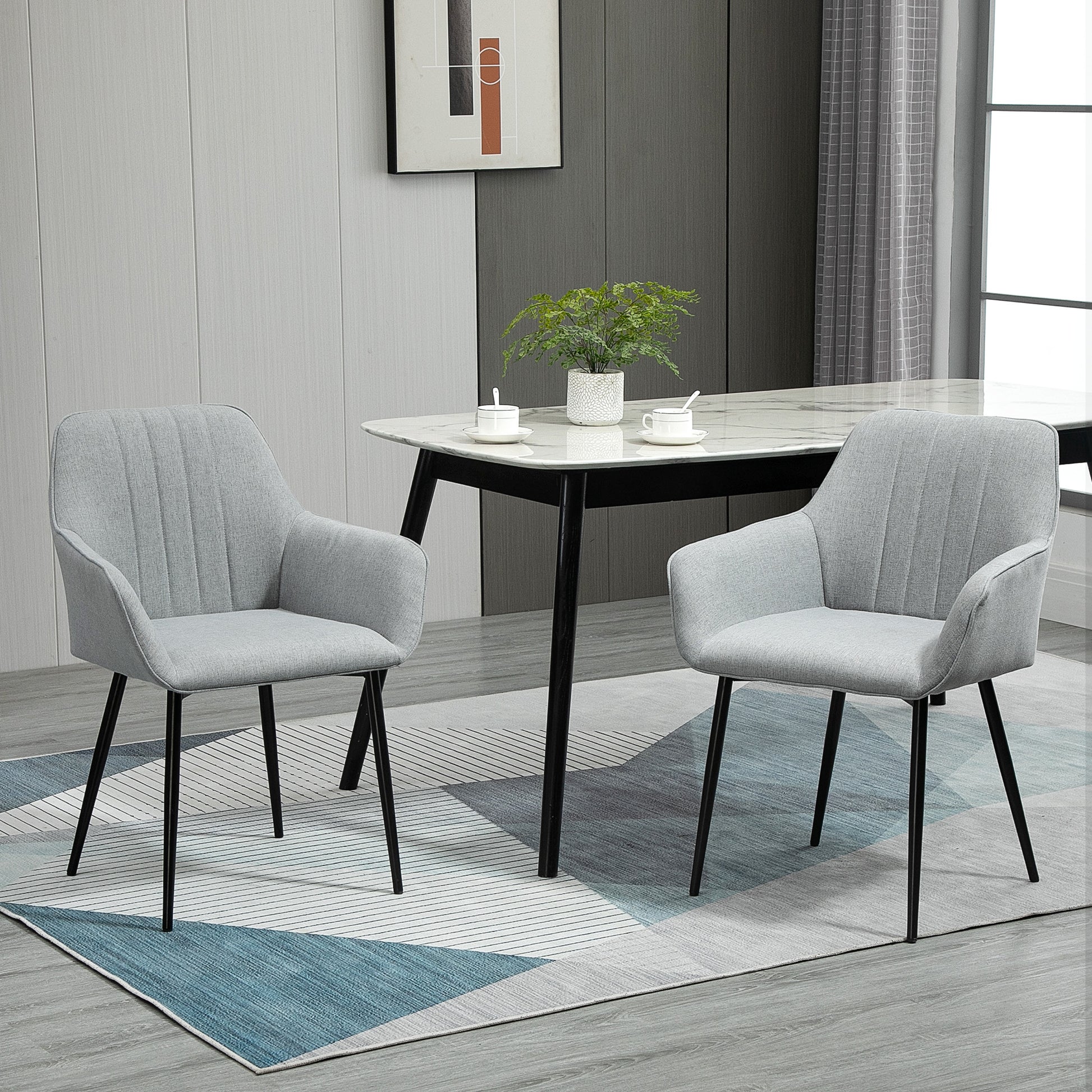 Set of 2 Dining Chairs Upholstered Chairs with Breathable Linen Cover Living Room Chair Armchair Kitchen Chair with Backrest Armrest Linen Light Grey 59.5 x 56.5 x 81 cm