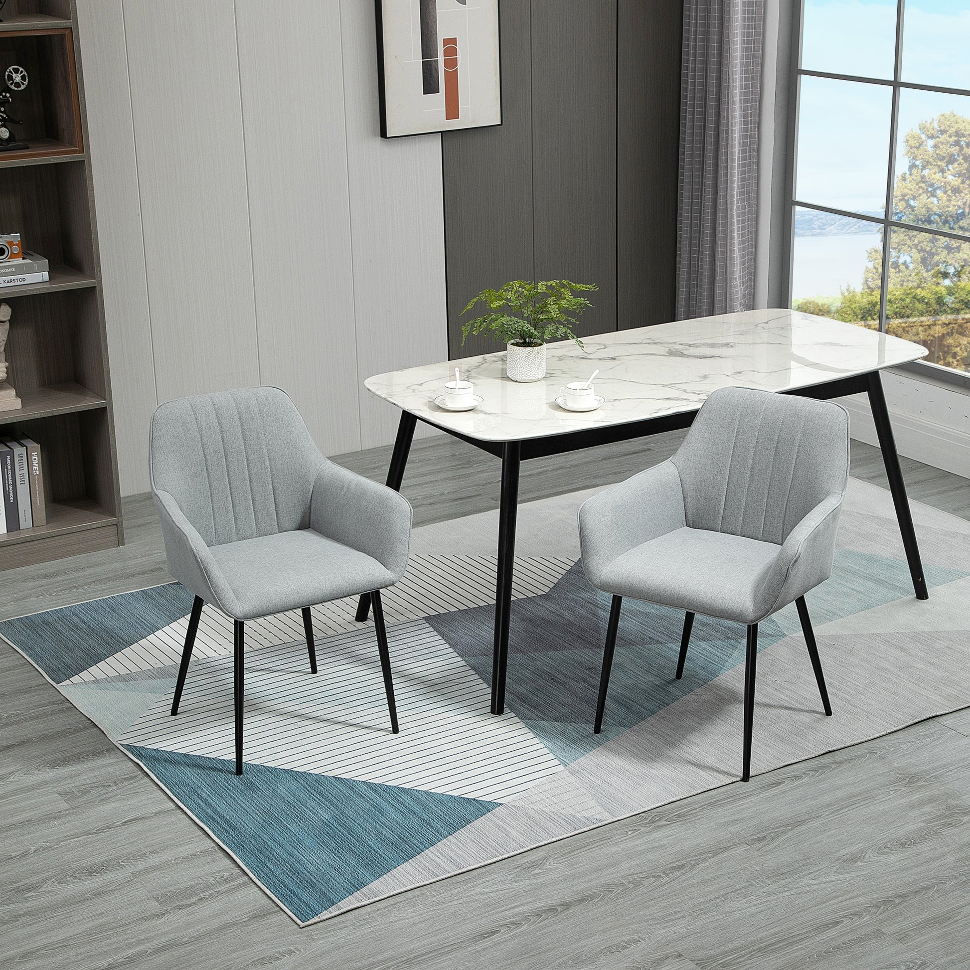 Set of 2 Dining Chairs Upholstered Chairs with Breathable Linen Cover Living Room Chair Armchair Kitchen Chair with Backrest Armrest Linen Light Grey 59.5 x 56.5 x 81 cm