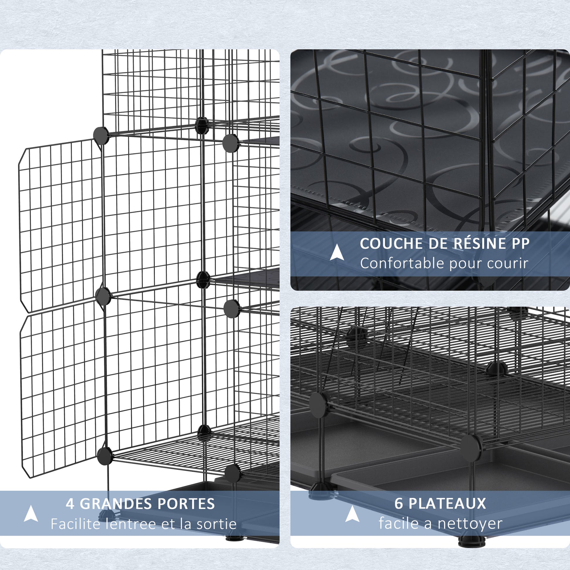 Modular rodent enclosure cage dim. L 111 x W 75 x H 119 cm 3 levels 4 doors black wire mesh