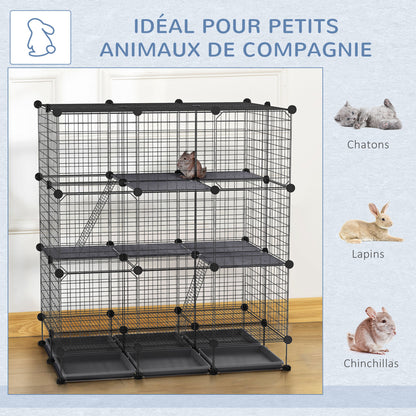 Modular rodent enclosure cage dim. L 111 x W 75 x H 119 cm 3 levels 4 doors black wire mesh