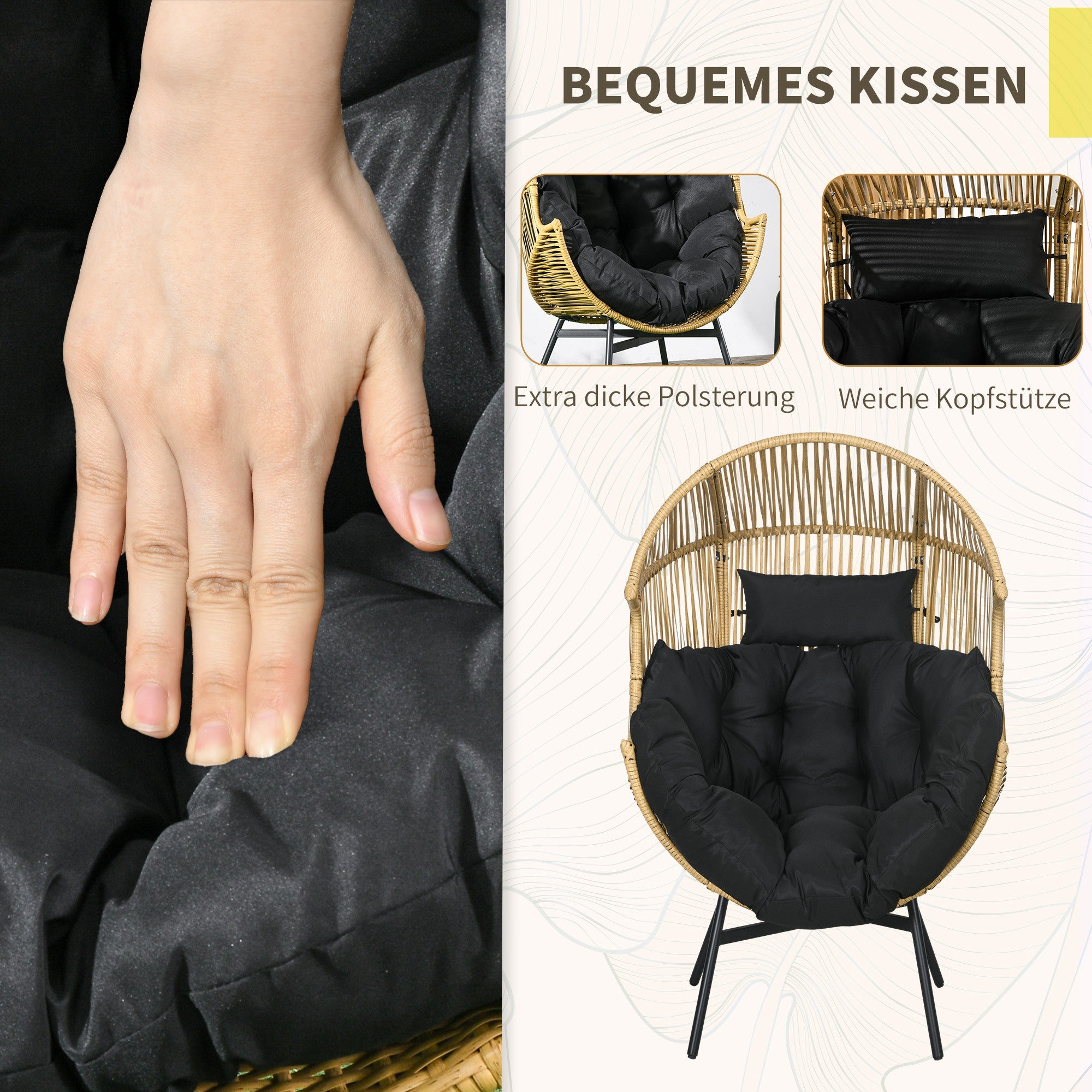 Rattan Chair, Rattan Wicker Chair with Thick Seat Cushion, Egg-shaped Garden Chair, 120 kg Load Capacity, for Patio, Garden, Sand