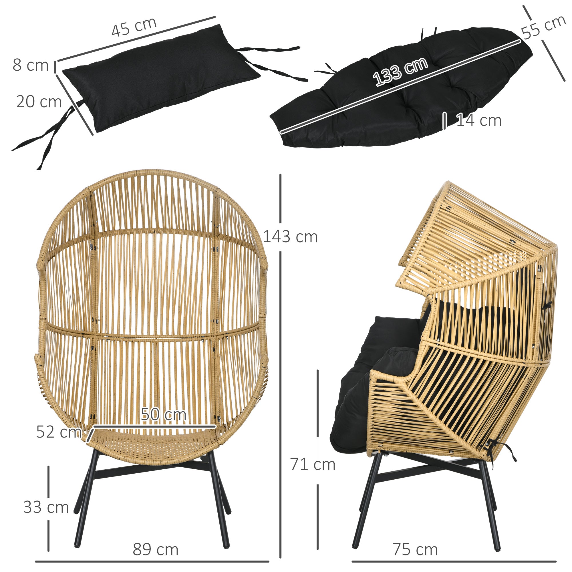 Rattan Chair, Rattan Wicker Chair with Thick Seat Cushion, Egg-shaped Garden Chair, 120 kg Load Capacity, for Patio, Garden, Sand