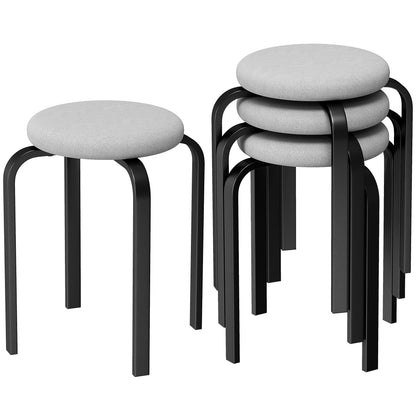 4-Pack Round Dining Stools, Gray Linen-Look Upholstery with Steel Legs – Stackable Kitchen & Living Room Stools