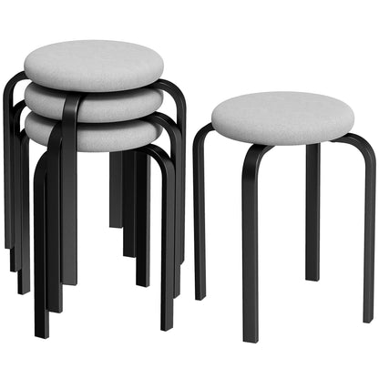 4-Pack Round Dining Stools, Gray Linen-Look Upholstery with Steel Legs – Stackable Kitchen & Living Room Stools