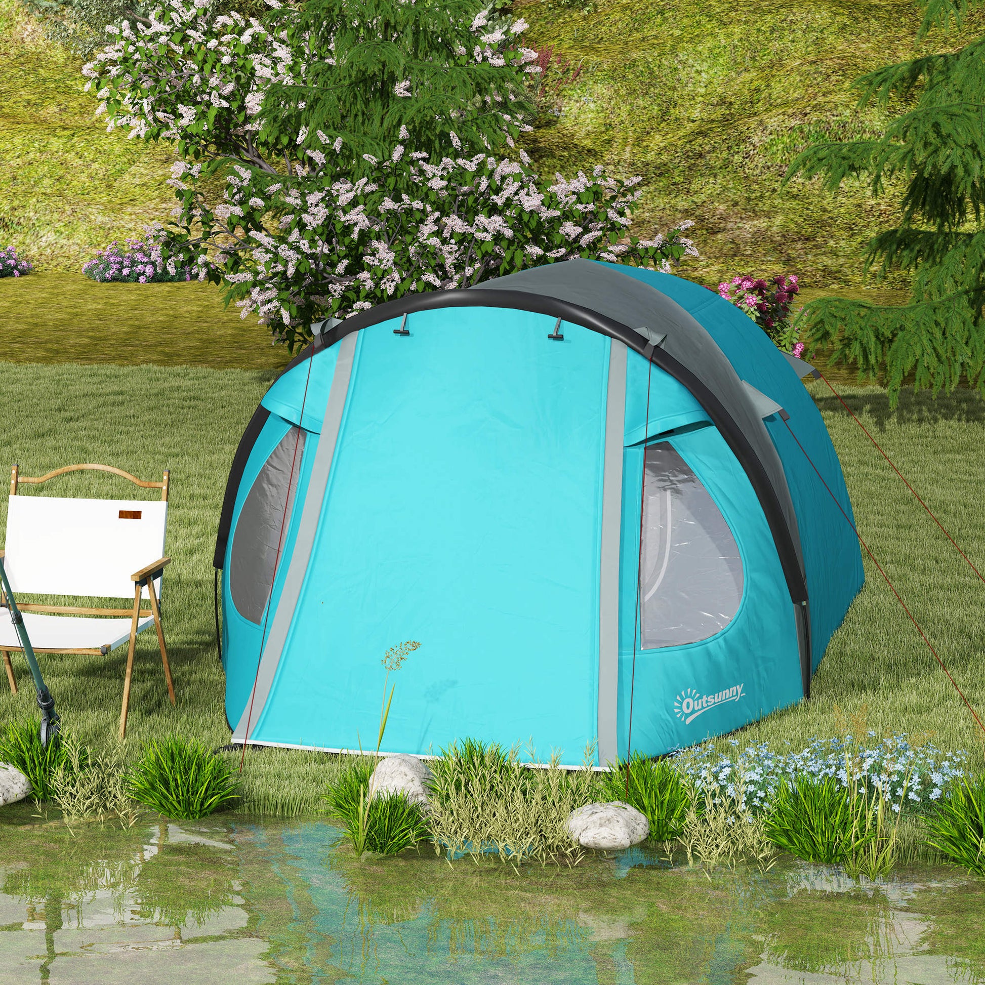 2-4 Person Camping Tent, Waterproof Family Dome Tent, with Windows, Pocket, Carrying Bag and Hook, for Picnics, Hiking, Trekking, Camping, Sky Blue