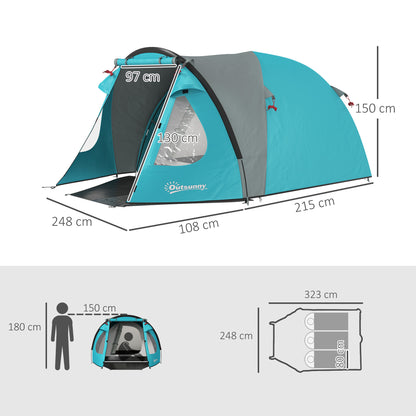 2-4 Person Camping Tent, Waterproof Family Dome Tent, with Windows, Pocket, Carrying Bag and Hook, for Picnics, Hiking, Trekking, Camping, Sky Blue