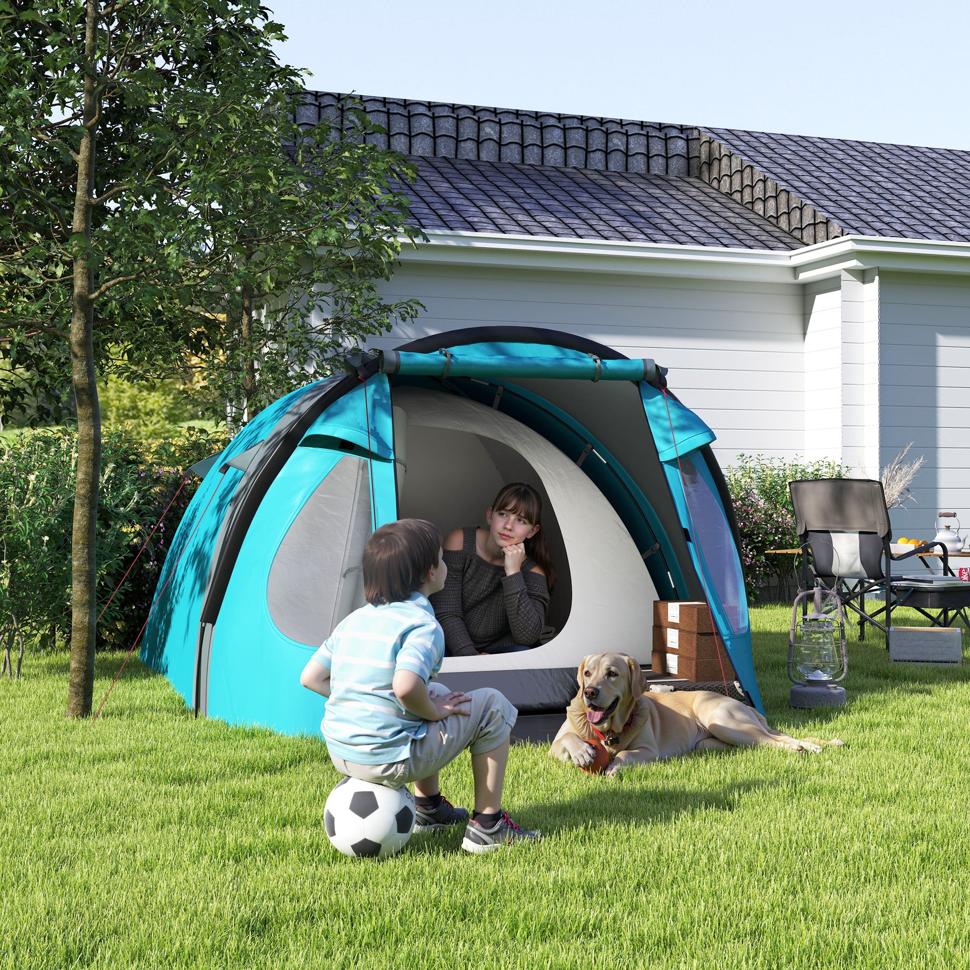 2-4 Person Camping Tent, Waterproof Family Dome Tent, with Windows, Pocket, Carrying Bag and Hook, for Picnics, Hiking, Trekking, Camping, Sky Blue