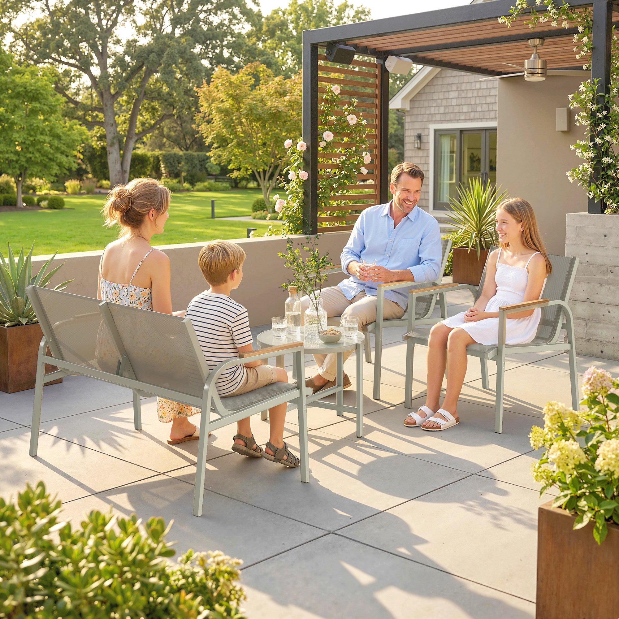 4-Piece Textilene Outdoor Patio Set — 2-Seat Sofa, 2 Armchairs & Tempered Glass Coffee Table, Green