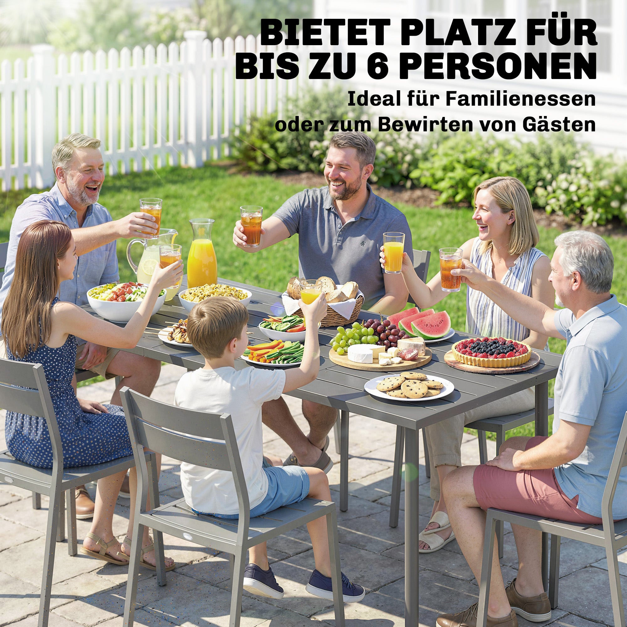 Outdoor Dining Table 65 x 31.5 in for 6 — Slatted Metal Top, Powder-Coated Steel Frame, Weather-Resistant (Dark Gray)