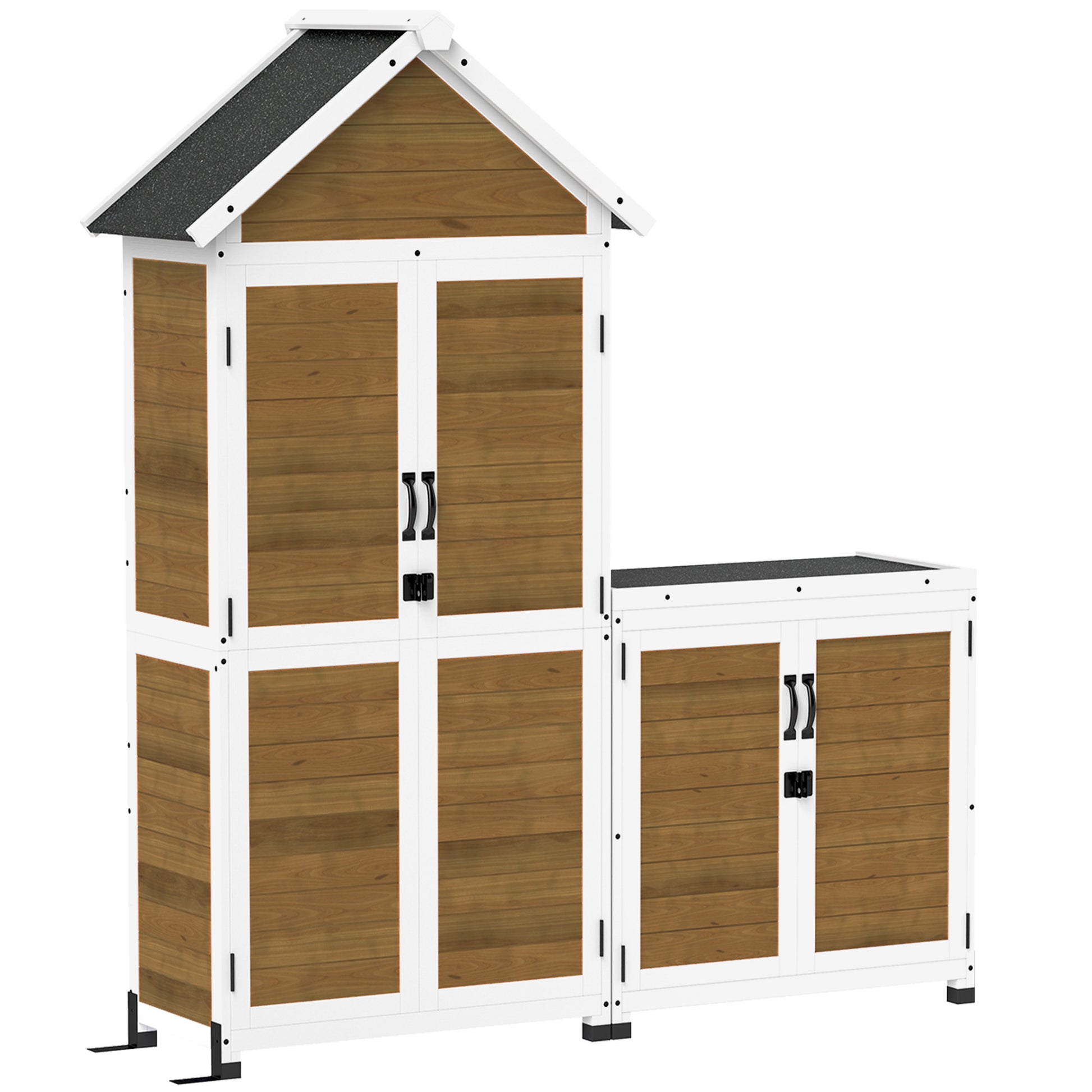 Wooden Garden Shed + Storage Cabinet, Outdoor Indoor Garden Cabin with Sloping Asphalt Roof, Shelves and Lockable Doors, Tools Cabinet for Balcony, Natural Wood
