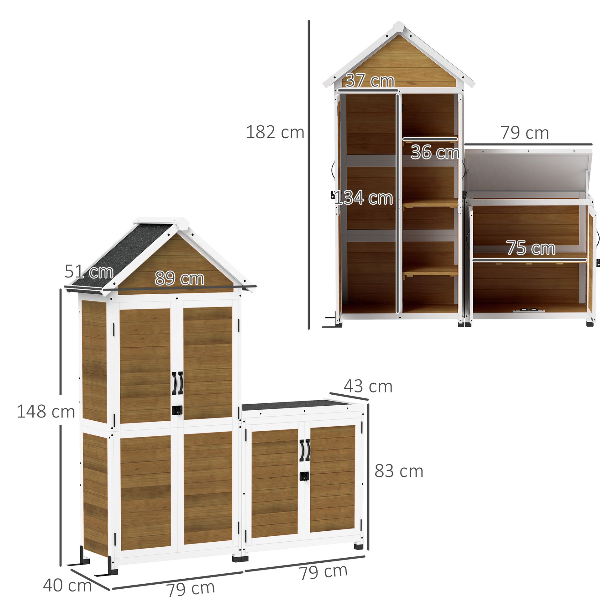 Wooden Garden Shed + Storage Cabinet, Outdoor Indoor Garden Cabin with Sloping Asphalt Roof, Shelves and Lockable Doors, Tools Cabinet for Balcony, Natural Wood