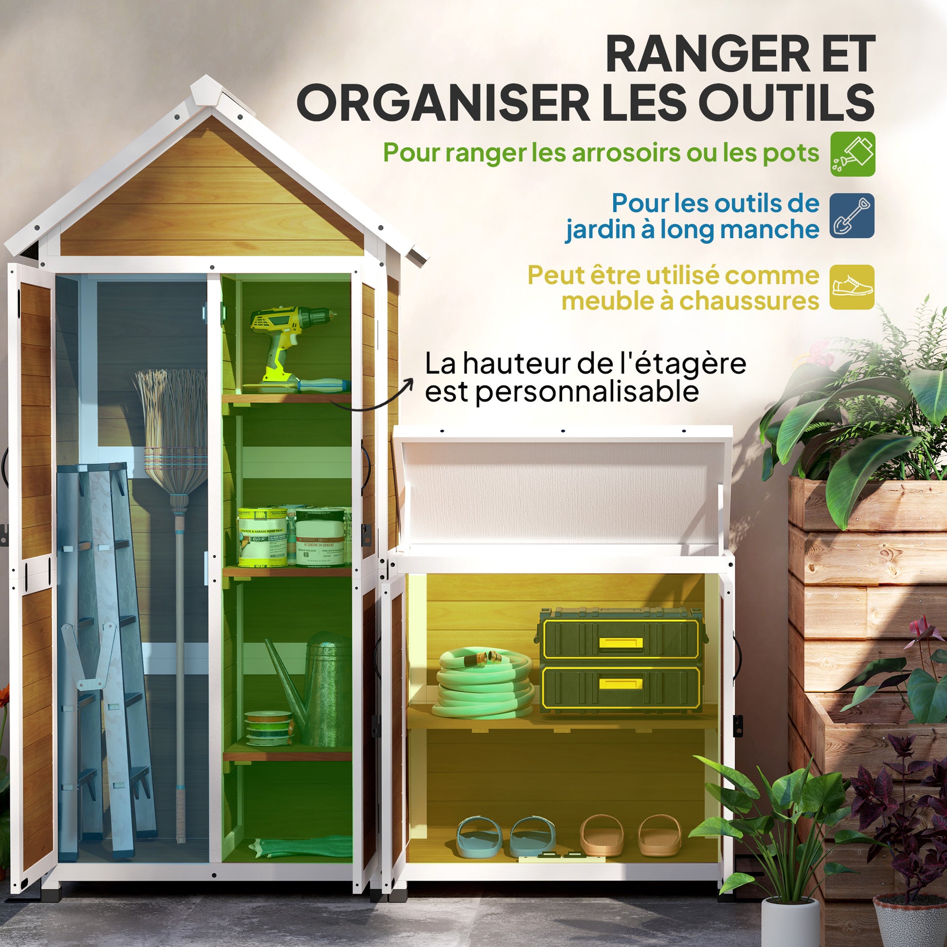 Wooden Garden Shed + Storage Cabinet, Outdoor Indoor Garden Cabin with Sloping Asphalt Roof, Shelves and Lockable Doors, Tools Cabinet for Balcony, Natural Wood