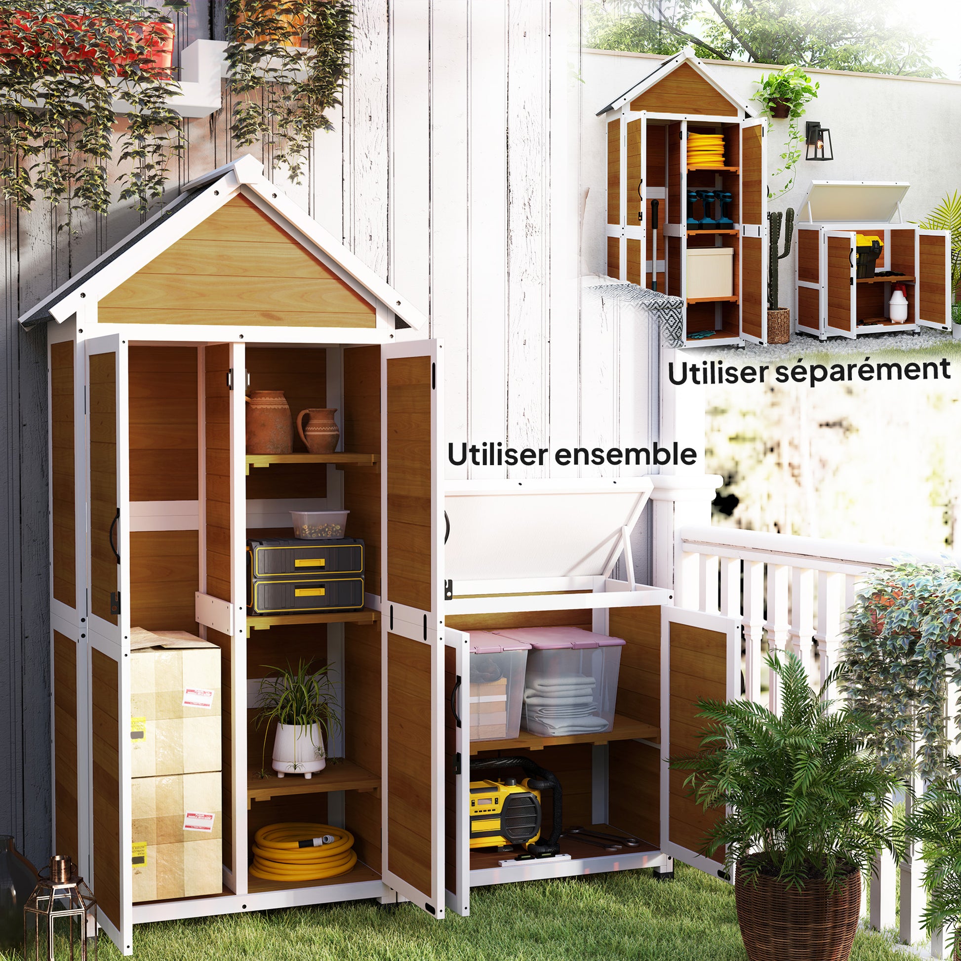 Wooden Garden Shed + Storage Cabinet, Outdoor Indoor Garden Cabin with Sloping Asphalt Roof, Shelves and Lockable Doors, Tools Cabinet for Balcony, Natural Wood