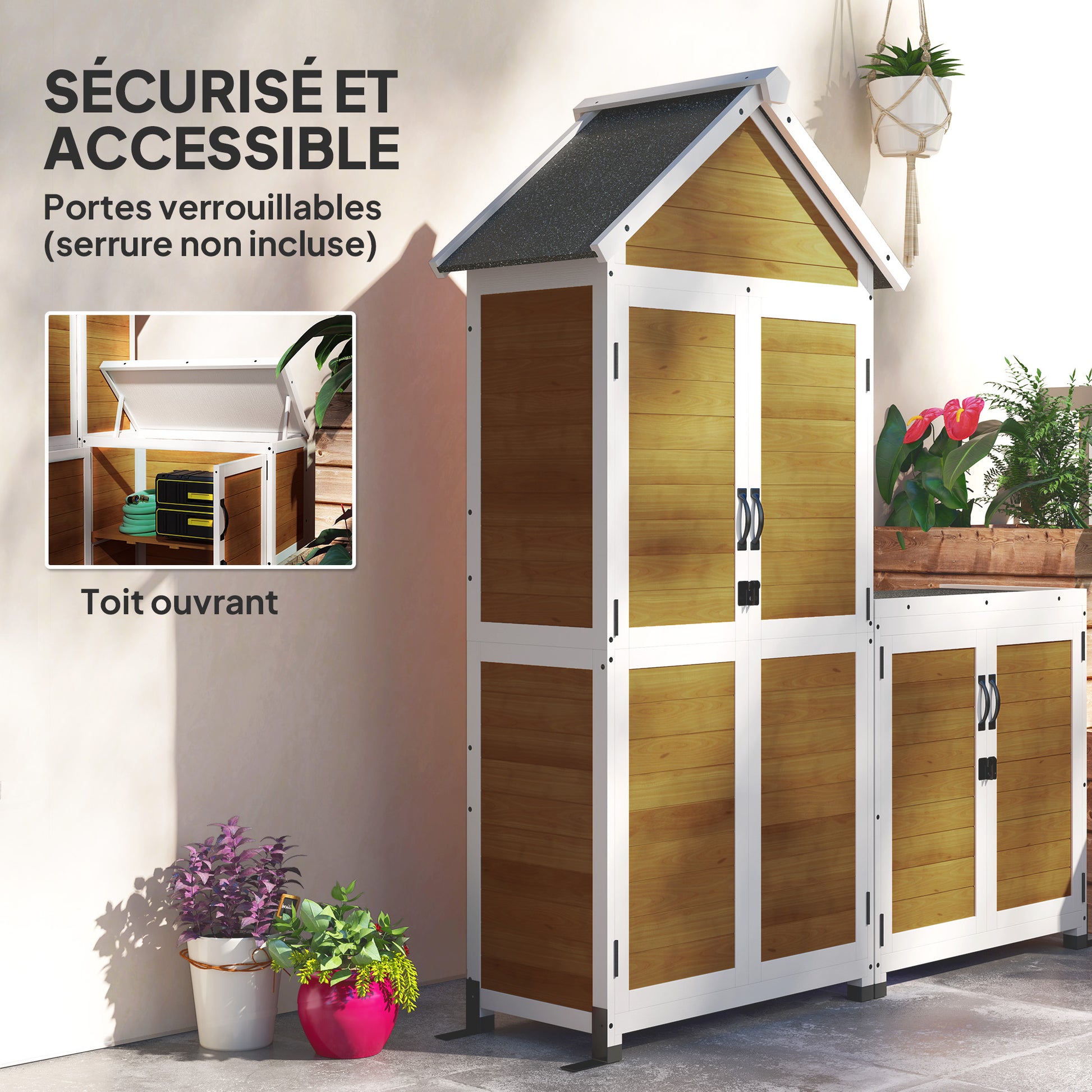 Wooden Garden Shed + Storage Cabinet, Outdoor Indoor Garden Cabin with Sloping Asphalt Roof, Shelves and Lockable Doors, Tools Cabinet for Balcony, Natural Wood
