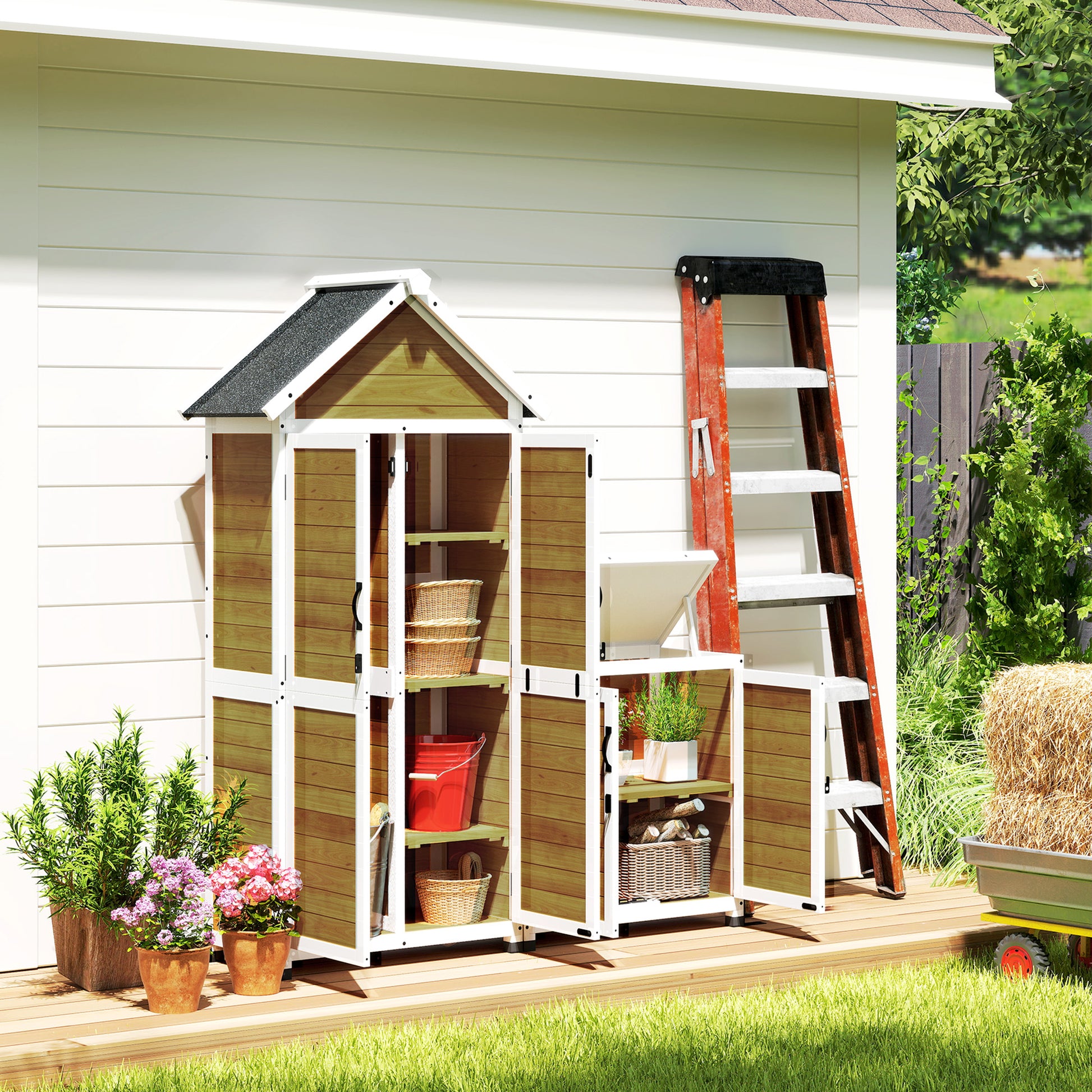 Wooden Garden Shed + Storage Cabinet, Outdoor Indoor Garden Cabin with Sloping Asphalt Roof, Shelves and Lockable Doors, Tools Cabinet for Balcony, Natural Wood