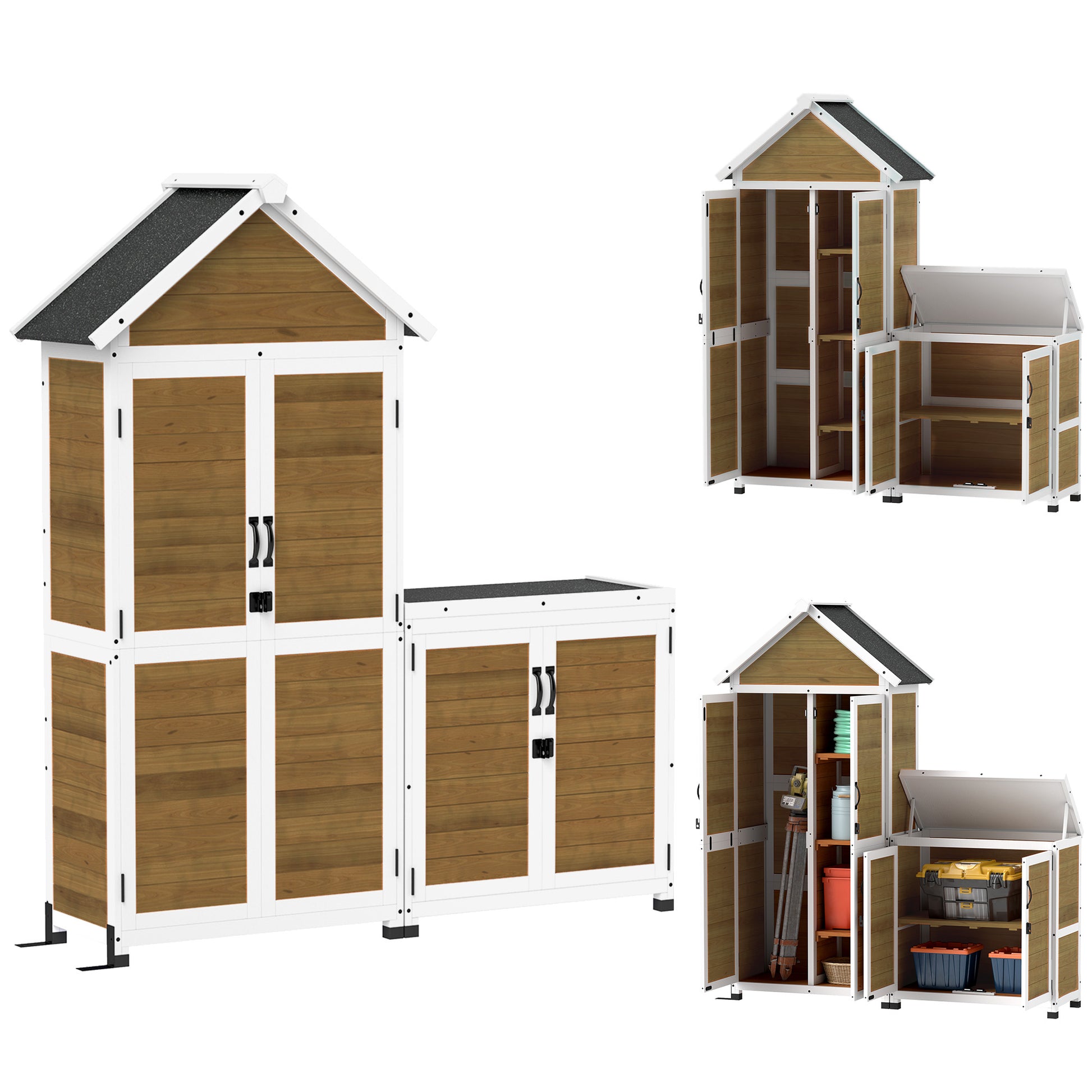 Wooden Garden Shed + Storage Cabinet, Outdoor Indoor Garden Cabin with Sloping Asphalt Roof, Shelves and Lockable Doors, Tools Cabinet for Balcony, Natural Wood