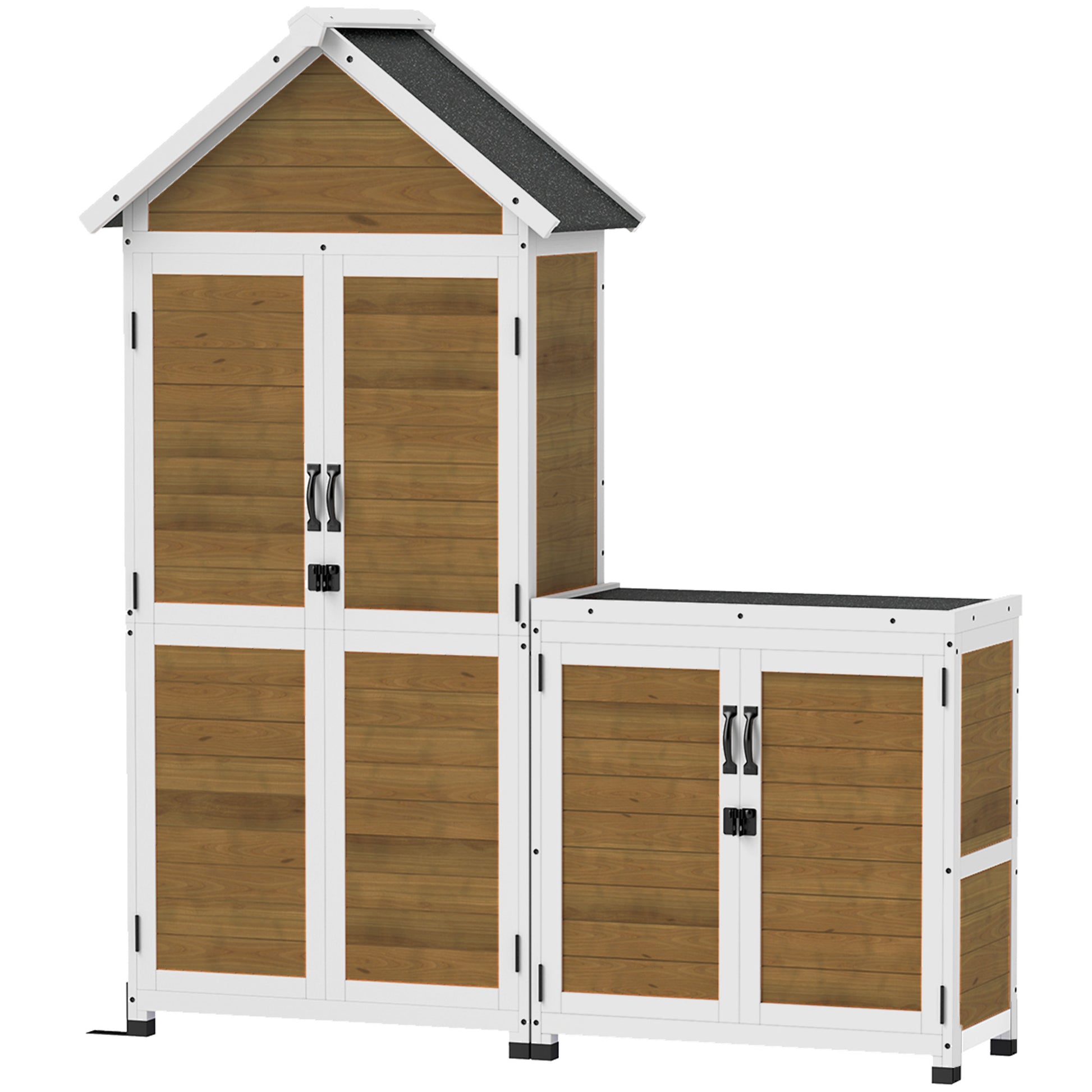 Wooden Garden Shed + Storage Cabinet, Outdoor Indoor Garden Cabin with Sloping Asphalt Roof, Shelves and Lockable Doors, Tools Cabinet for Balcony, Natural Wood