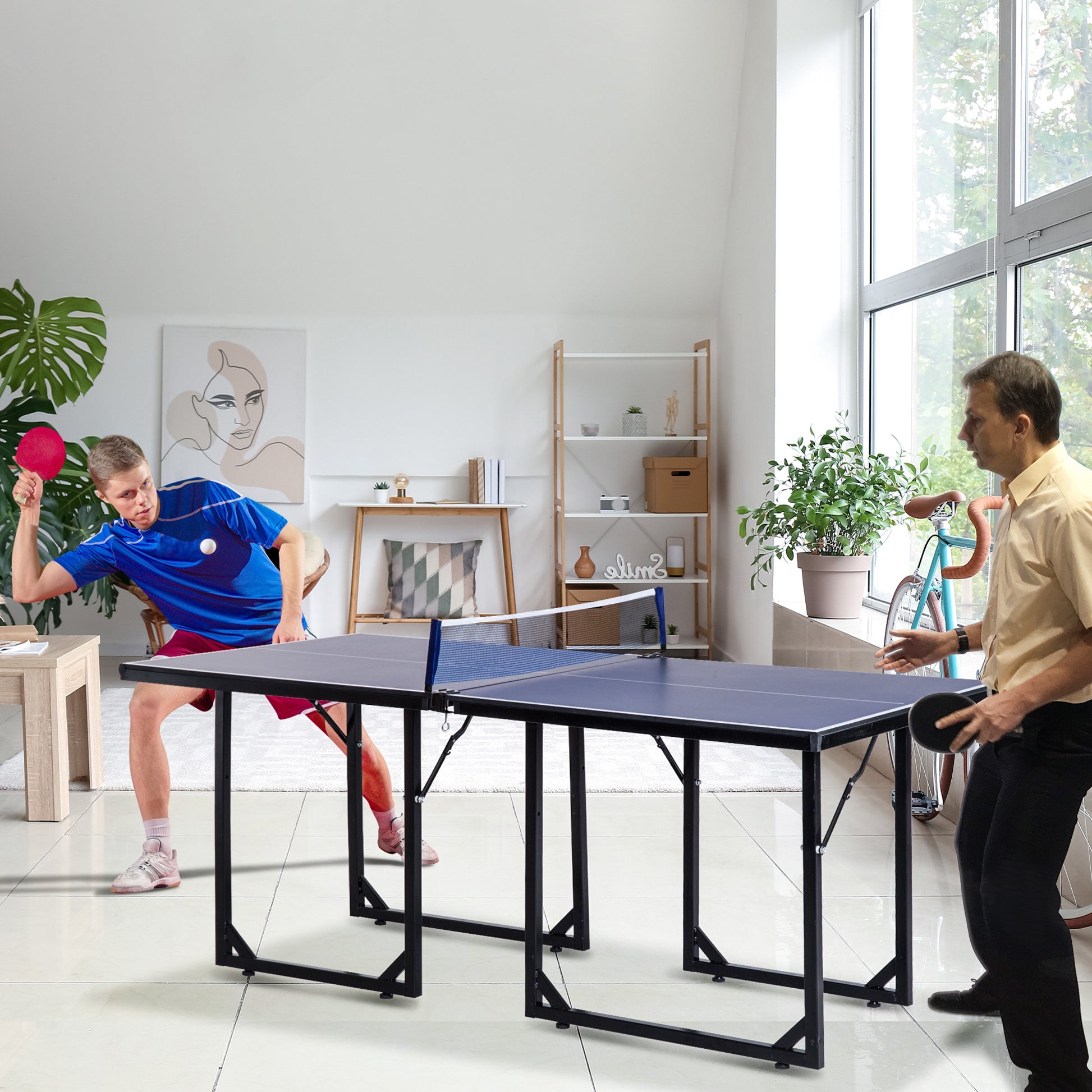 Table Tennis Table, Ping Pong Table with Net, Convertible into 2 Tables, Medium Size, Foldable Legs, 182 x 91 x 76 cm Blue